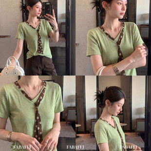 自然系智性风挂脖飘带t恤女2026夏款显白绿色短袖体恤修身小上衣