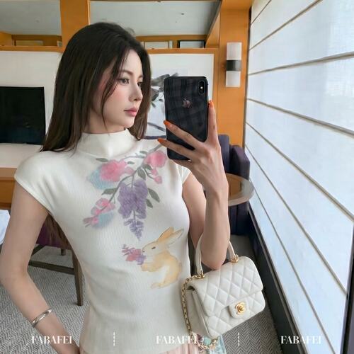 新中式国风半高领针织衫女夏季款修身显瘦兔子花卉无袖短款小上衣