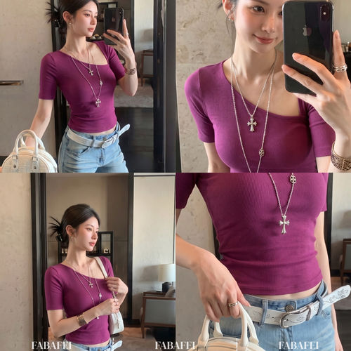 甜辣妹不规则斜方领短袖t恤女2026夏季坑纹弹力修身显瘦短款上衣