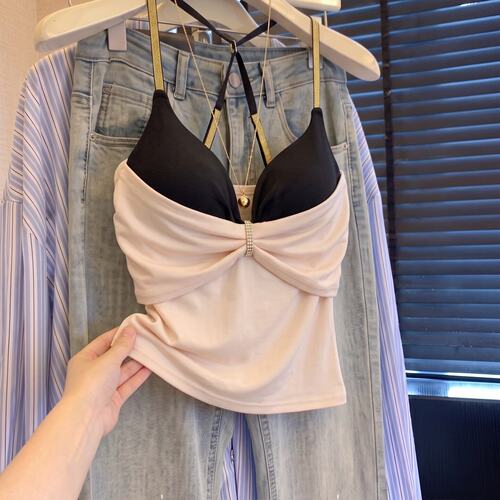 韩系甜妹风水钻扭结吊带背心女夏季带胸垫美背一体肩带修身短上衣