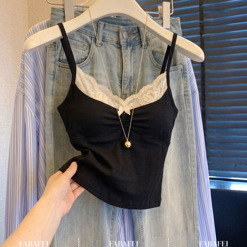 甜欲风蕾丝蝴蝶结吊带背心女2026夏季螺纹修身v领遮副乳短款上衣