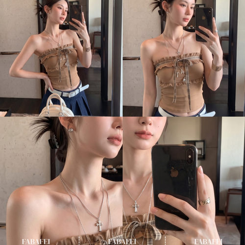 娇俏少女风格纹花边抹胸背心女夏季小个子短款收腰遮副乳无袖上衣