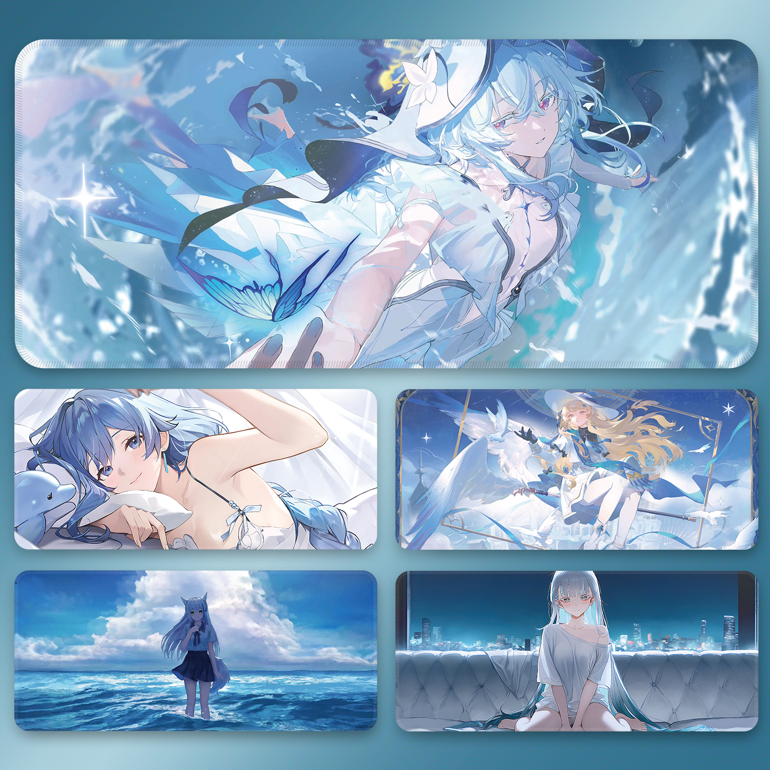 鼠标垫超大蓝色系动漫少女滑鼠垫游戏电脑键盘垫男生电竞专用桌垫