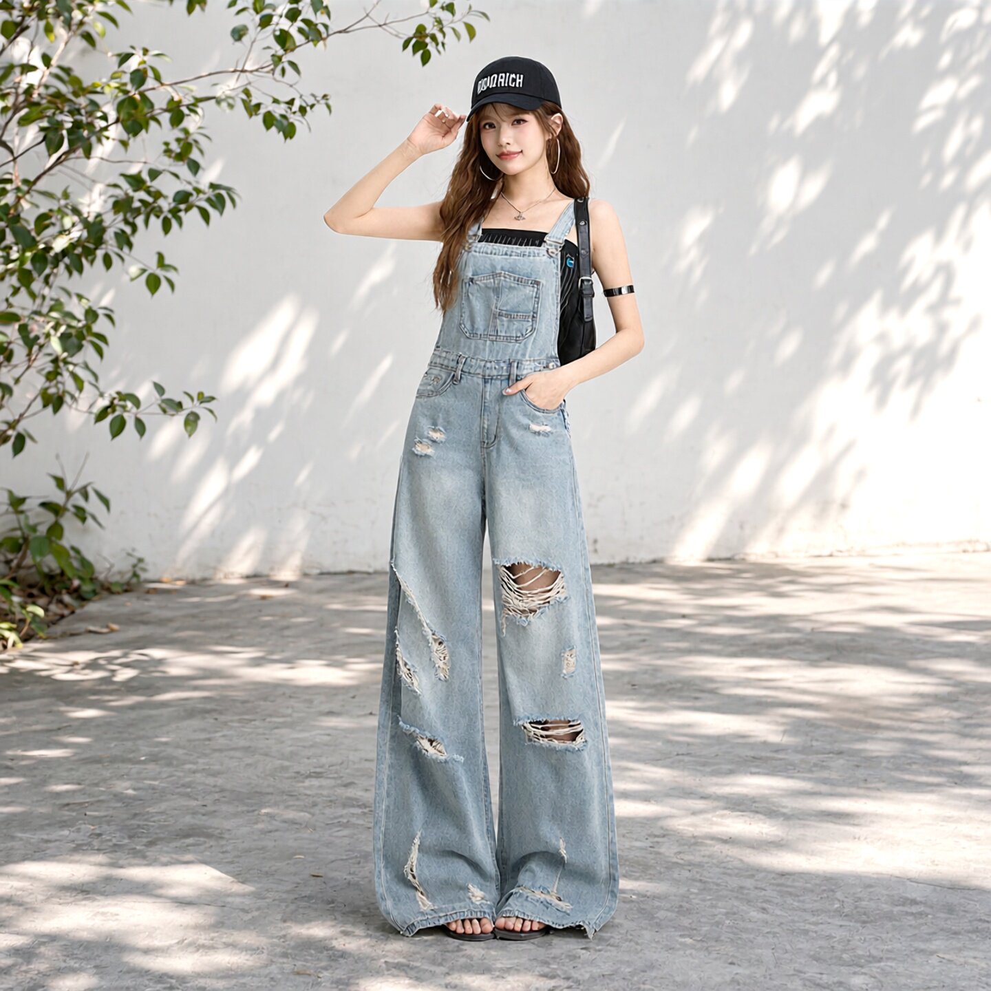 夏季高腰显瘦破洞牛仔背带裤女
