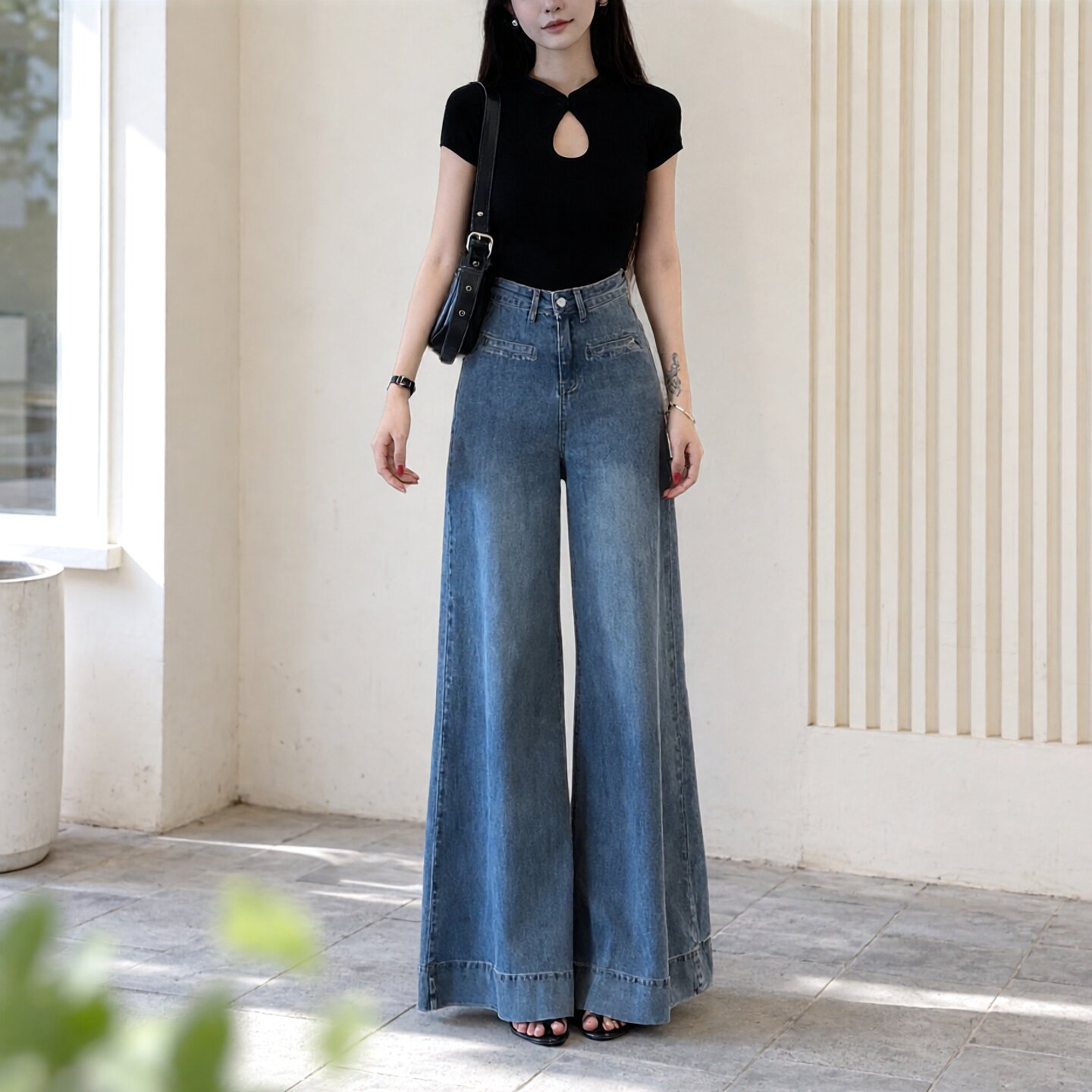 韩版高腰阔腿显瘦拖地牛仔裤女