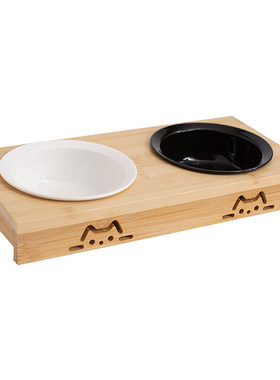 猫碗陶瓷黑色竹木碗架子防打翻饭碗幼猫双碗三连猫食盆水碗可刻字
