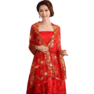 婚纱披肩女士蕾丝礼服披肩薄款新娘结婚红色披肩夏季纱巾旗袍披肩