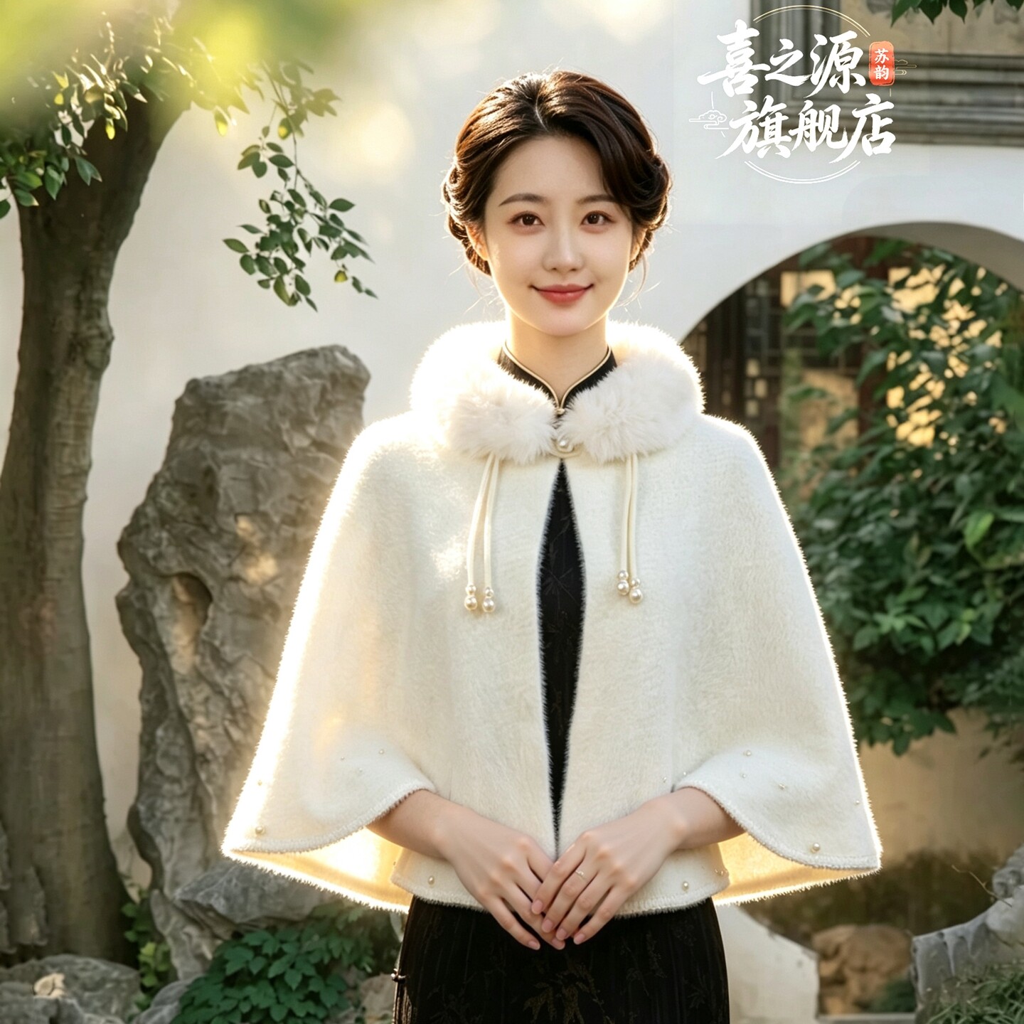 白色仿皮草毛领斗篷披肩女秋冬旗袍礼服外套高级感时尚百搭保暖