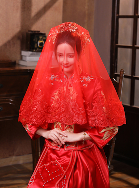 红色头纱红盖头新娘秀禾高级结婚礼拜蒙头出嫁网纱喜帕婚礼头巾女