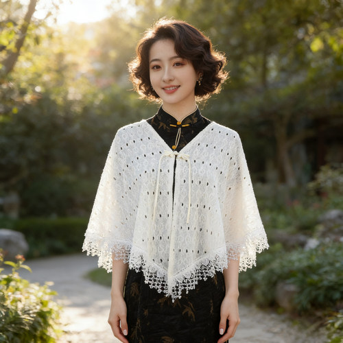 白色新中式春夏蕾丝流苏披肩旗袍