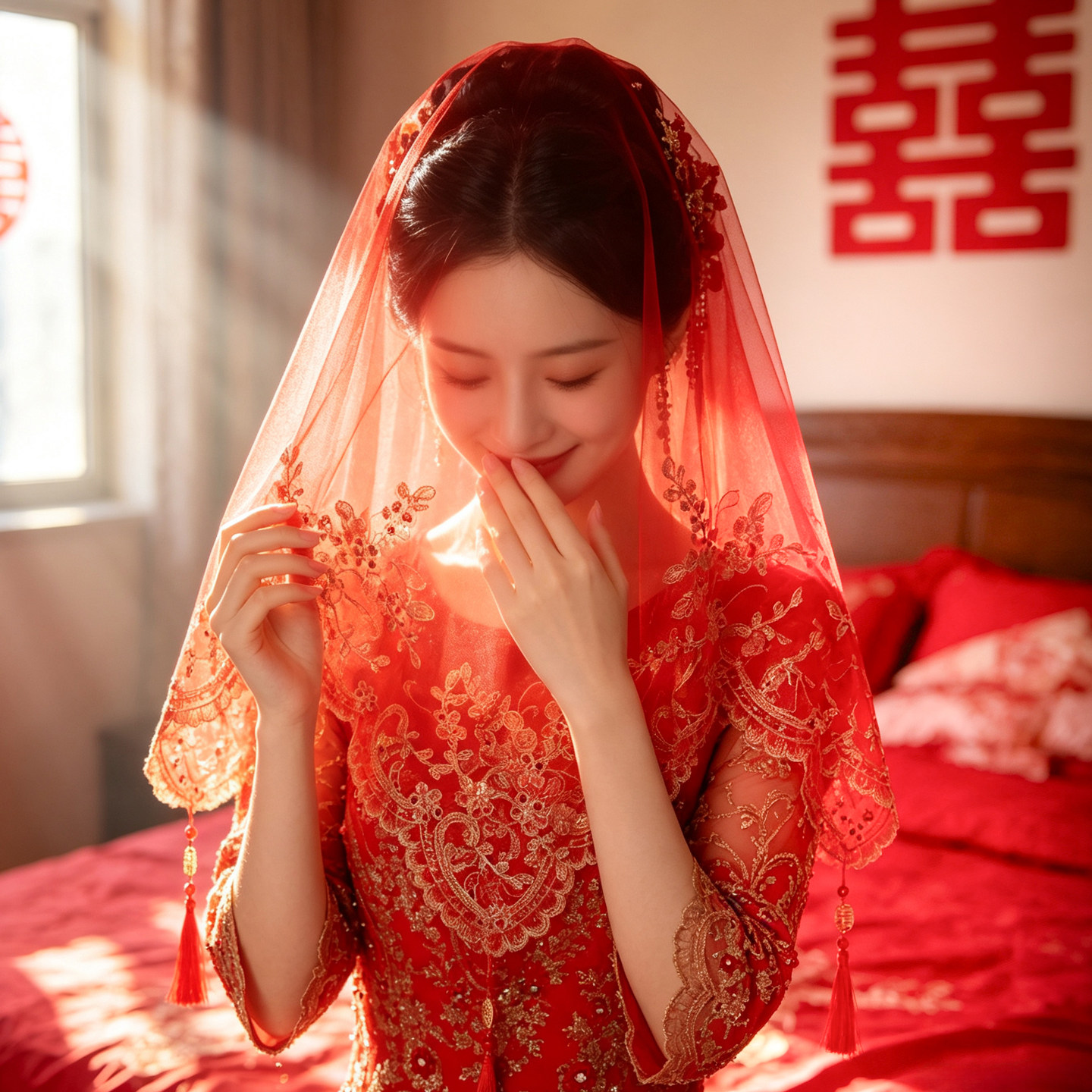 新中式红面纱红色蕾丝刺绣新娘苏绣红盖头结婚礼服秀禾服配饰流苏