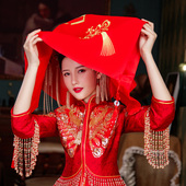 红盖头结婚中式 中国红色头纱 秀禾缎布蒙头红新娘婚礼刺绣头巾新款