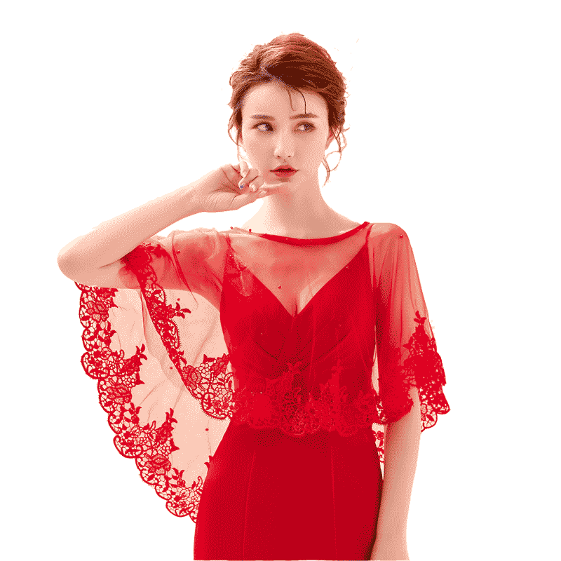 新娘披肩红色结婚纱礼服斗篷黑网纱蕾丝披肩春夏秋薄款一字肩大码