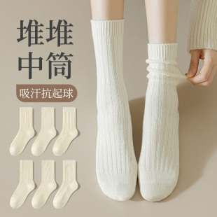 棉袜复古粗线针织无骨堆堆袜长筒袜勃肯 白色中筒袜子女春秋款