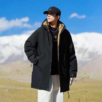 冬季新款加厚加绒中长款棉服户外运动连帽登山情侣男装保暖工装外