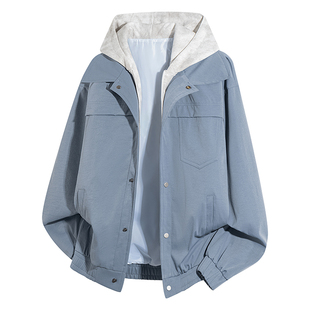 PNJ男士春秋季2025款假两件美式工装夹克潮牌连帽休闲外套男JK219