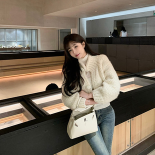 Liuu嘻嘻阿韩系氛围感手工毛衣外套女秋冬毛织时尚百搭立领上衣