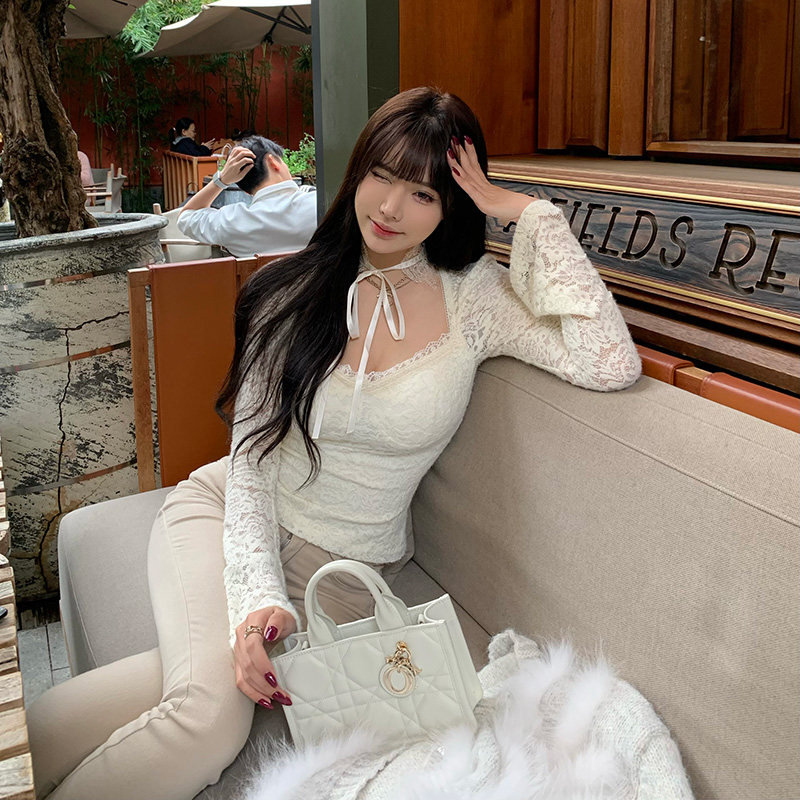 Liuu嘻嘻阿纯欲蝴蝶系带蕾丝衫女暖冬挂脖打底内搭喇叭长袖短上衣,女装/女士精品,蕾丝衫/雪纺衫,淘宝优惠券,粉丝福利购,淘宝优惠卷