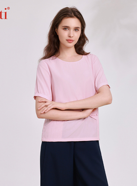 Gitti/吉蒂抽绳口袋拼接短袖女显瘦圆领宽松大码T恤G251561