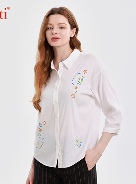 Gitti/吉蒂春款印花七分袖衬衫女宽松大码休闲衬衣G251009