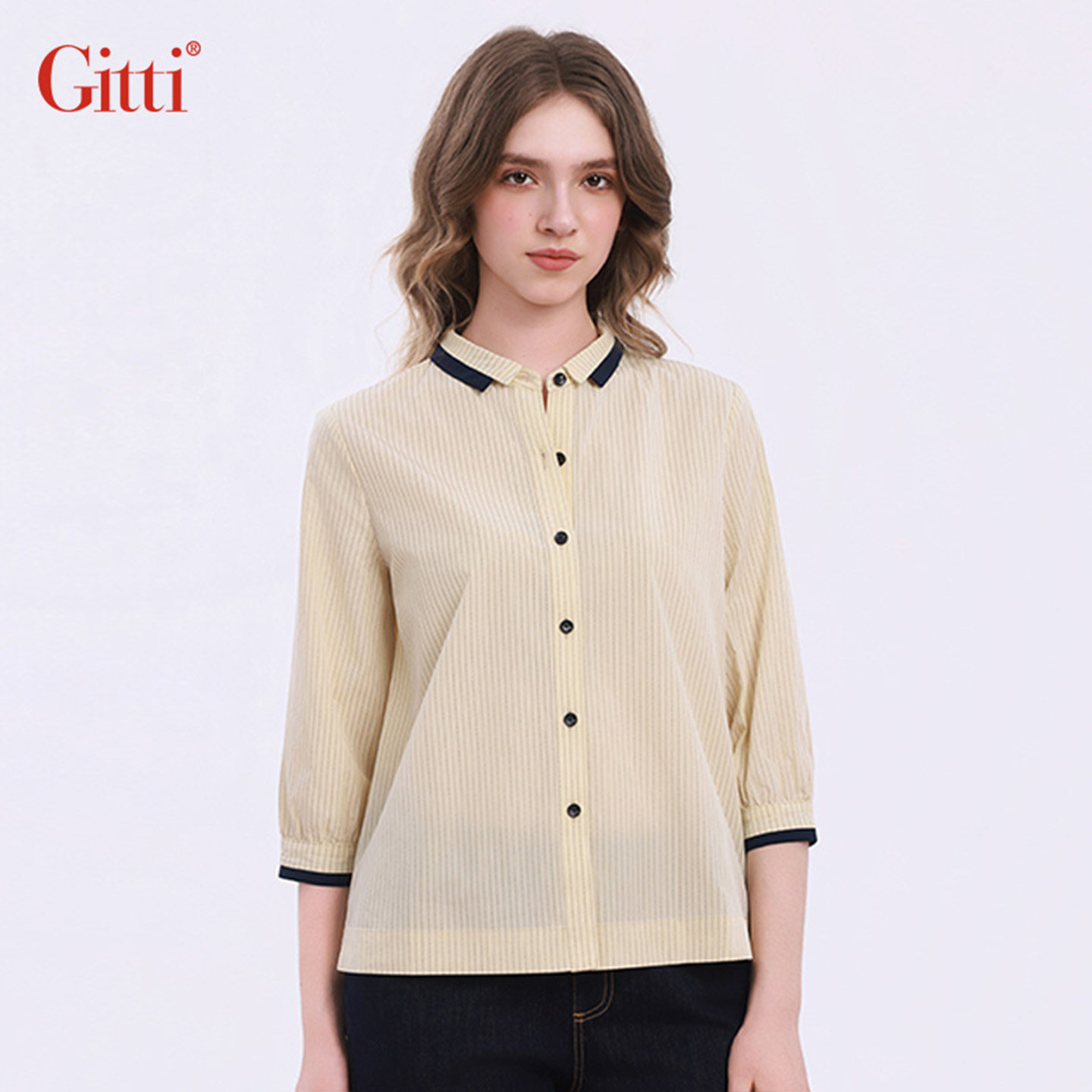 Gitti/吉蒂撞色条纹七分袖衬衫女中袖学院风衬衣G261159