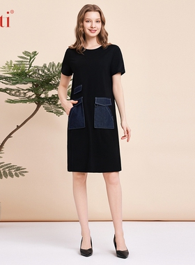 Gitti/吉蒂夏季新品休闲风牛仔贴布口袋弹力修身连衣裙 G241263