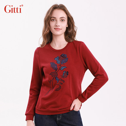 Gitti/吉蒂花卉刺绣圆领卫衣女棉宽松大码罗纹拼接厚上衣G255266