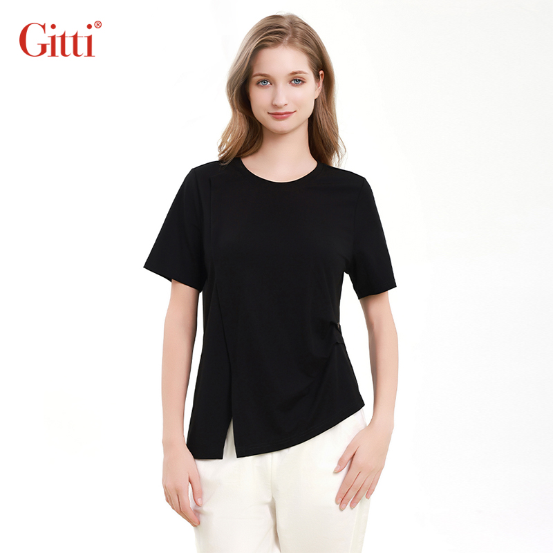 显瘦减龄下摆开叉圆领短袖