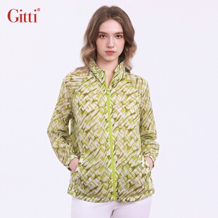 Gitti/吉蒂隐藏式连帽立领外套女印花修身插肩袖夹克衫G261025