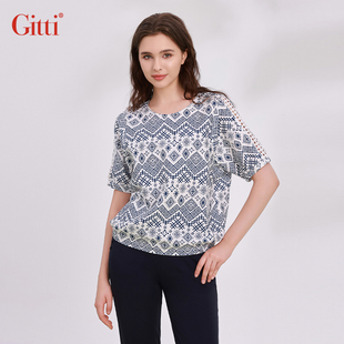 女宽松大码 印花圆领短袖 拼接T恤G251410 吉蒂春夏新品 Gitti