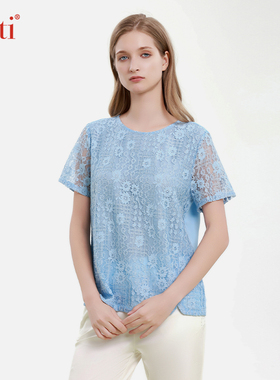 Gitti/吉蒂春夏新品蕾丝拼接短袖女圆领减龄大码T恤G251030