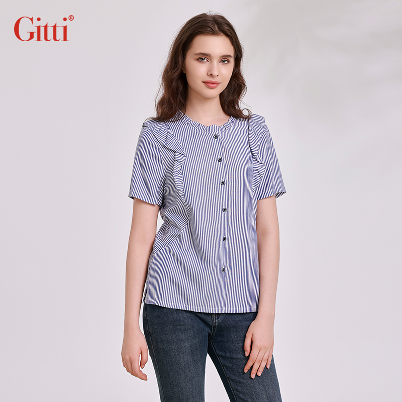 Gitti/吉蒂竖条纹木耳花边短袖衬衫女圆领宽松天丝衬衣G251298