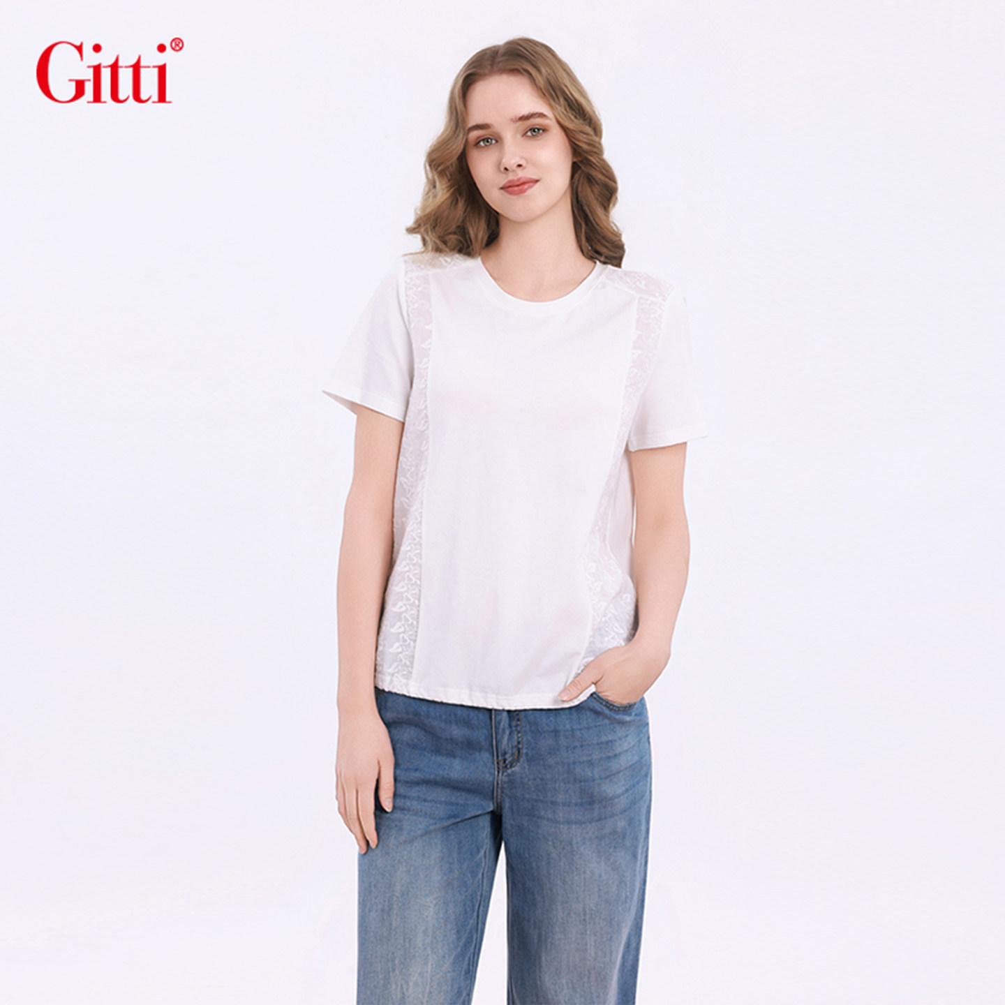 Gitti/吉蒂蕾丝拼接绣花抽绳圆领T恤女棉舒适亲肤短袖上衣G261225