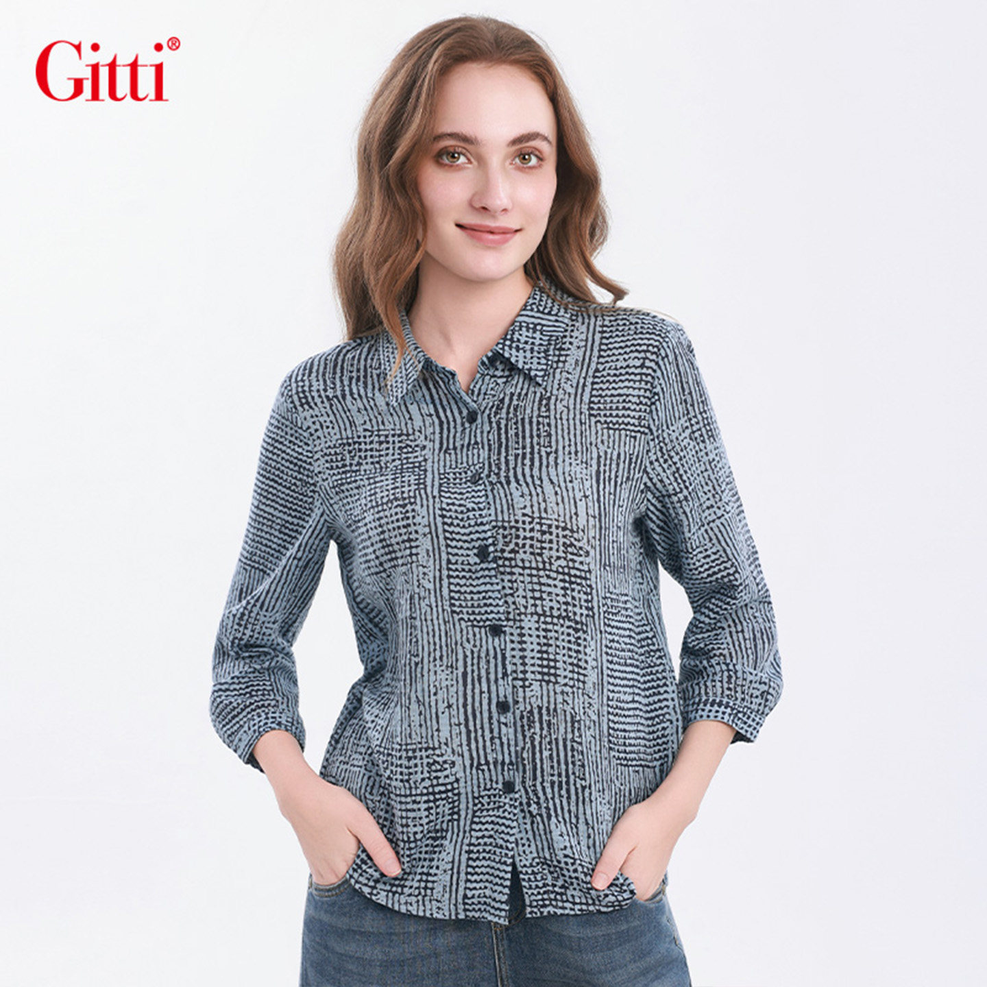 Gitti/吉蒂素雅印花七分袖衬衫女休闲中袖衬衣G265081