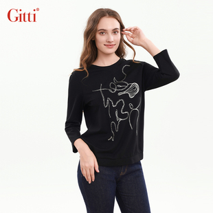 针织七分袖 Gitti T恤女宽松大码 印花显瘦中袖 上衣G255025 吉蒂秋款