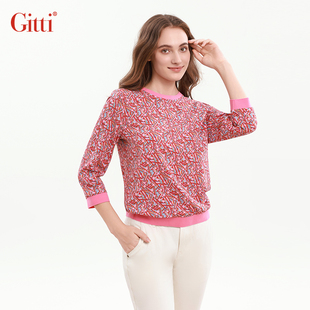中袖 Gitti T恤女宽松大码 印花罗纹拼接七分袖 上衣G255156 吉蒂秋款