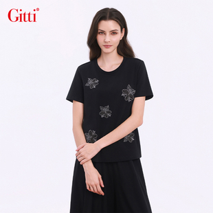 Gitti/吉蒂贴布绣花圆领T恤女棉舒适亲肤针织大码短袖上衣G261472