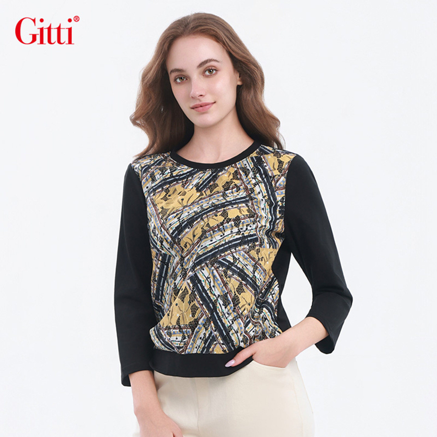 Gitti/吉蒂印花显瘦弹力七分袖T恤女棉亲肤舒适中袖上衣G265140