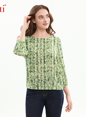Gitti/吉蒂褶裥条纹印花七分袖T恤女宽松大码慵懒中袖上衣G255011