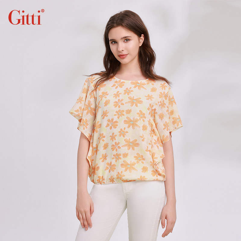 Gitti/吉蒂蝙蝠袖花边拼接雪纺衫女宽松大码圆领上衣G251290