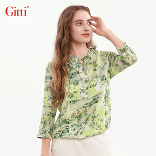 Gitti 甜美T恤G255161 吉蒂荷叶边系带印花七分袖 上衣女宽松大码
