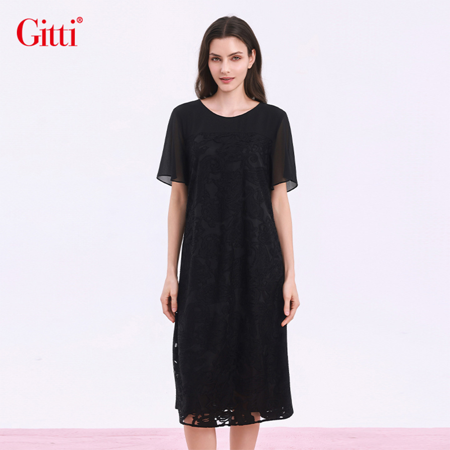 Gitti/吉蒂雪纺圆领网布蕾丝烧花连衣裙女显瘦大码裙子G261387