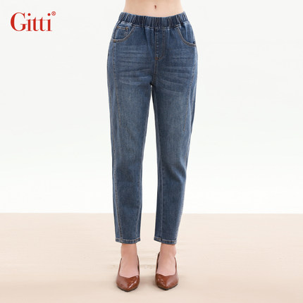 Gitti/吉蒂秋款松紧腰百搭牛仔裤女棉弹力抓纹中裤G255054