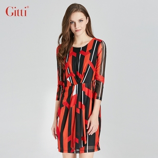 Gitti/吉蒂秋款印花雪纺连衣裙女修身拼接七分袖短裙G185031