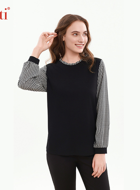 Gitti/吉蒂撞色格子长袖T恤女宽松大码立领荷叶边上衣G255102