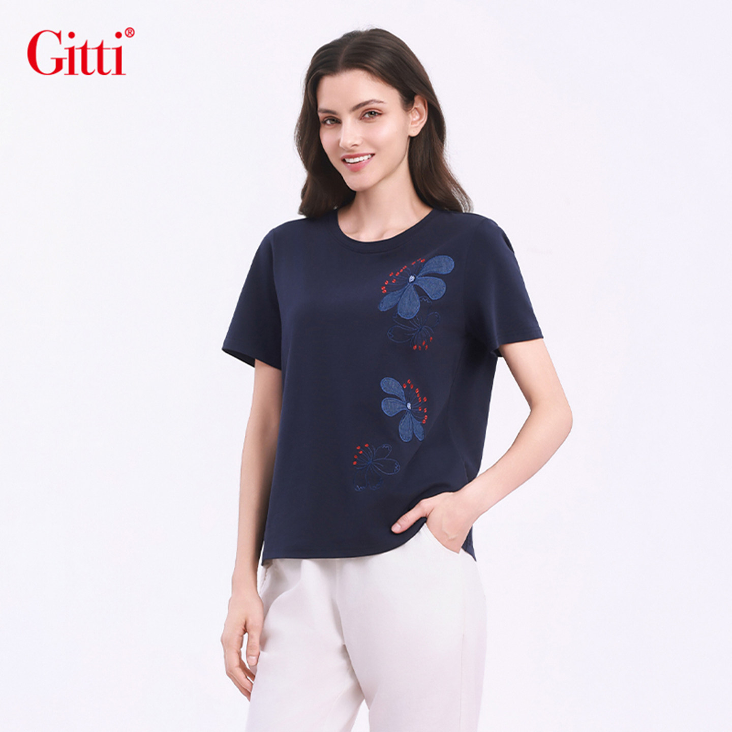 Gitti/吉蒂手工订珠贴布绣圆领T恤女棉宽松针织短袖上衣G261436