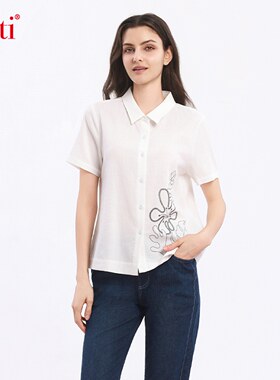 印花棉短袖衬衫女大码衬衣