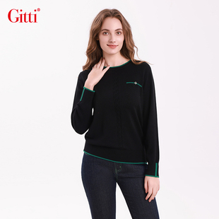 Gitti/吉蒂秋冬拼色圆领针织衫女绵羊毛减龄宽松大码毛衣G255459
