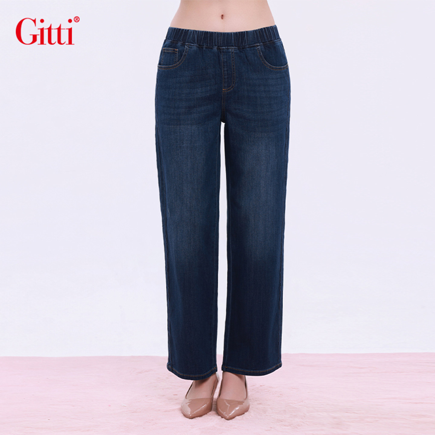 Gitti/吉蒂松紧腰直筒磨白抓纹牛仔裤女棉宽松大码长裤G261069