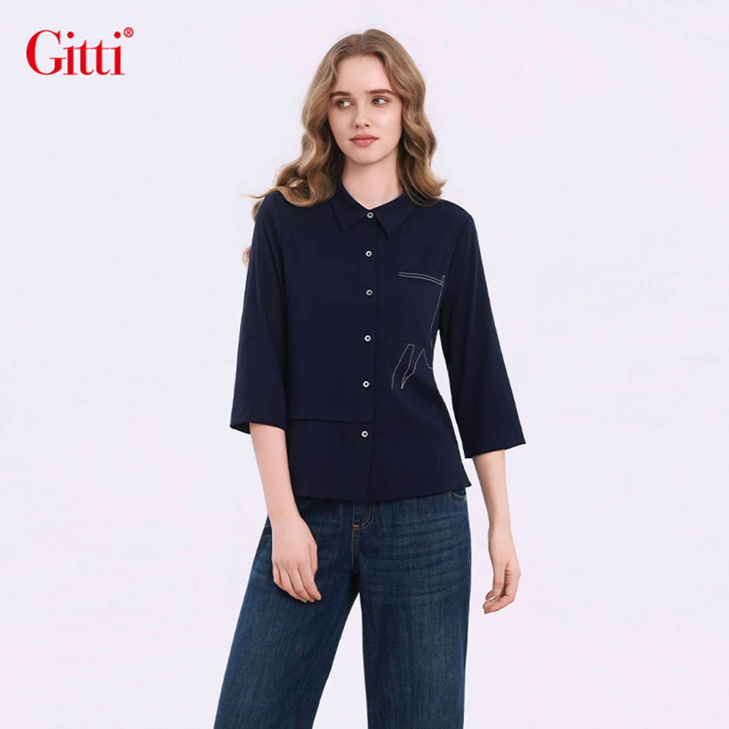 Gitti/吉蒂拼接撞色七分袖衬衫女显瘦宽松大码中袖衬衣G261101